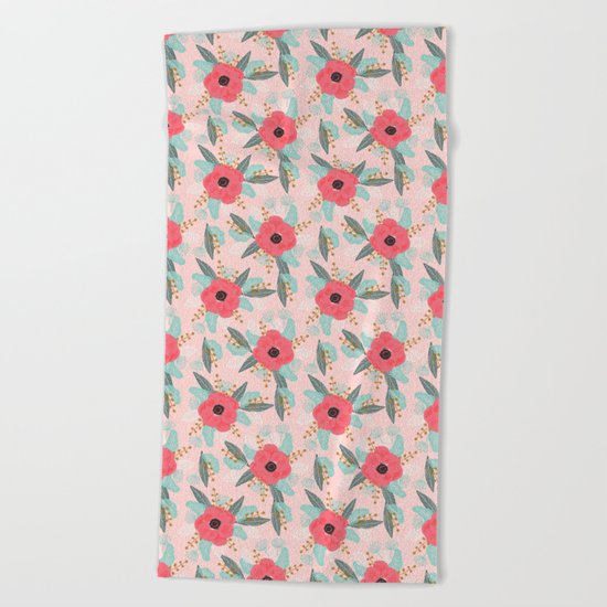 Poppies pink pastel red florals flowers pattern boho dorm college trendy garden plants poppy flower Beach Towel