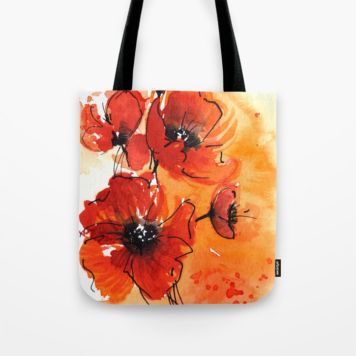 Red Poppy Flowers Watercolor Painting Tote Bag