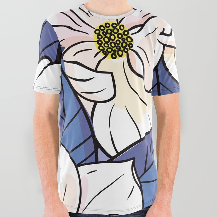 White Magnolia Garden - Dark Blue Edition All Over Graphic Tee