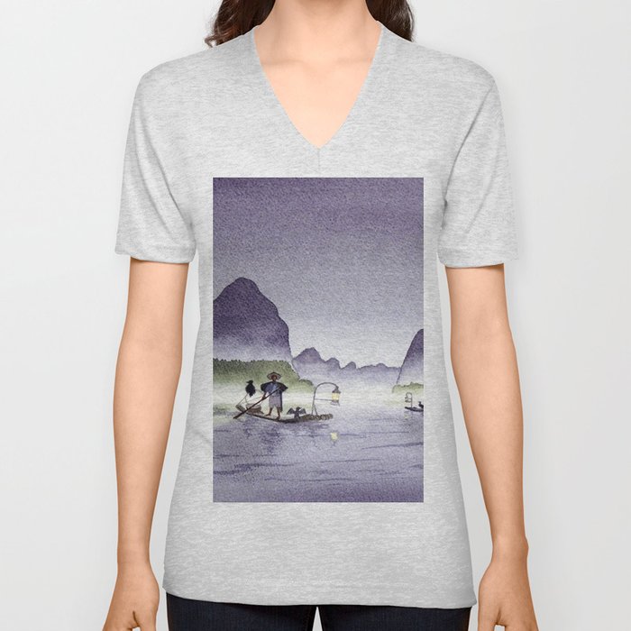 Cormorant Fishing Li River China V Neck T Shirt