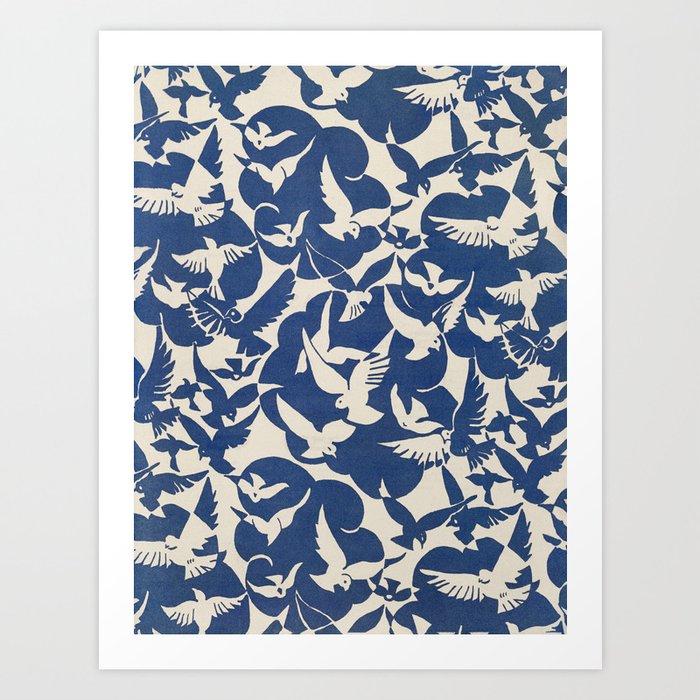 White and Blue Bird Pattern Vintage Art Print