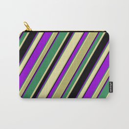 [ Thumbnail: Colorful Sea Green, Pale Goldenrod, Dark Khaki, Black & Dark Violet Colored Lined Pattern Carry-All Pouch ]
