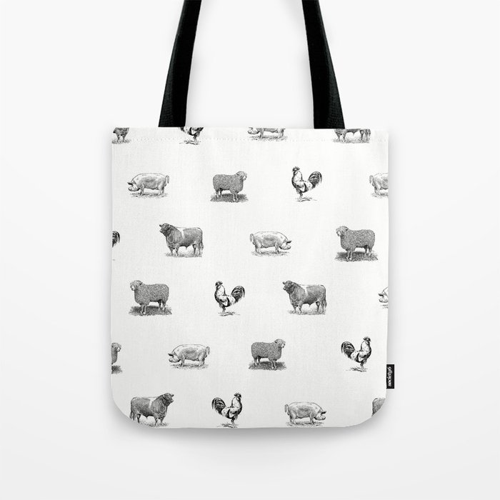 Farm Animals Black & White | Minimal Vintage Illustration | Line Art Sketch Sheep, Pigs & Rooster Tote Bag