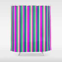 [ Thumbnail: Sea Green, Teal, Fuchsia & Light Pink Colored Striped Pattern Shower Curtain ]