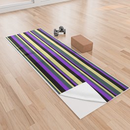 [ Thumbnail: Tan, Dark Slate Gray, Purple, and Black Colored Stripes/Lines Pattern Yoga Towel ]