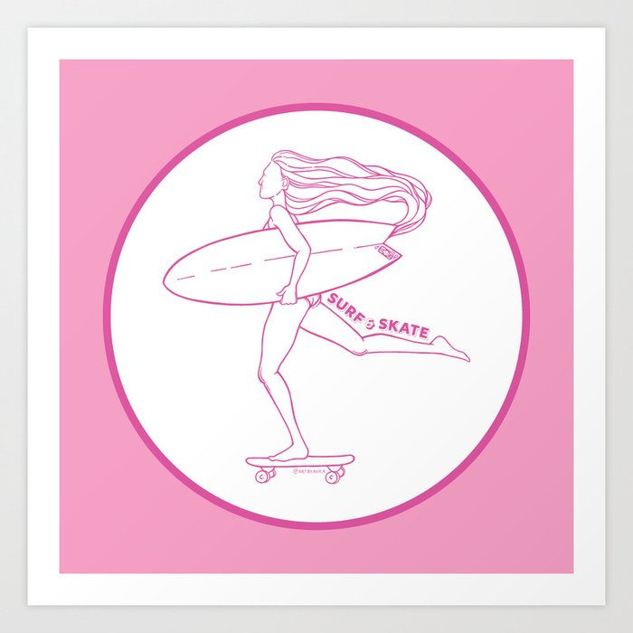 Surf Skate Cruise | California Skater Surfer Girl Design | Beach Inspired Artwork | Pink Bright Aesthetic  Art Print