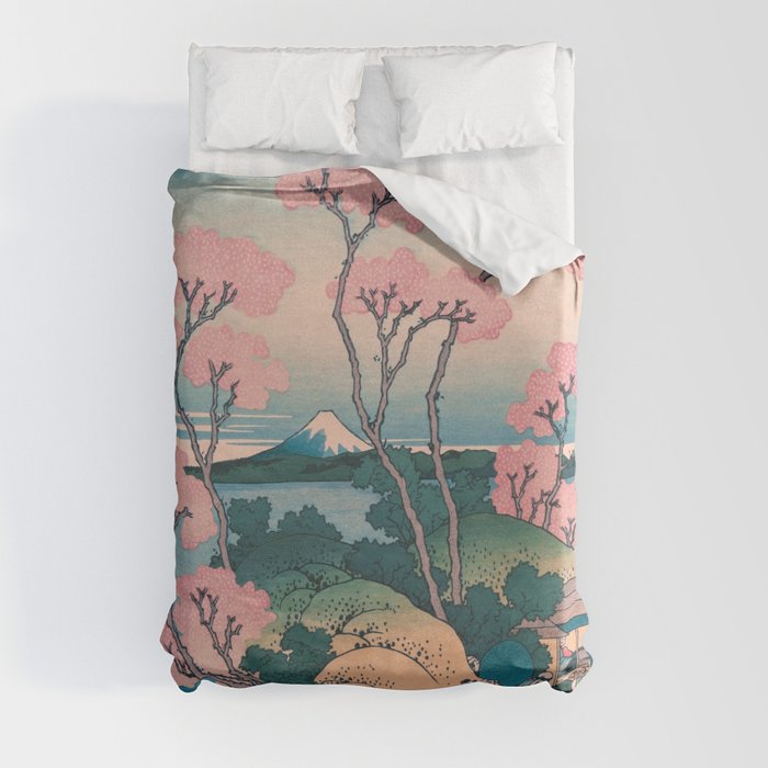 Spring Picnic under Cherry Tree Flowers, with Mount Fuji background Duvet Cover