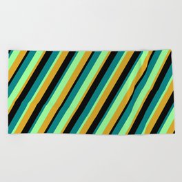 [ Thumbnail: Green, Goldenrod, Black, and Teal Colored Lined/Striped Pattern Beach Towel ]