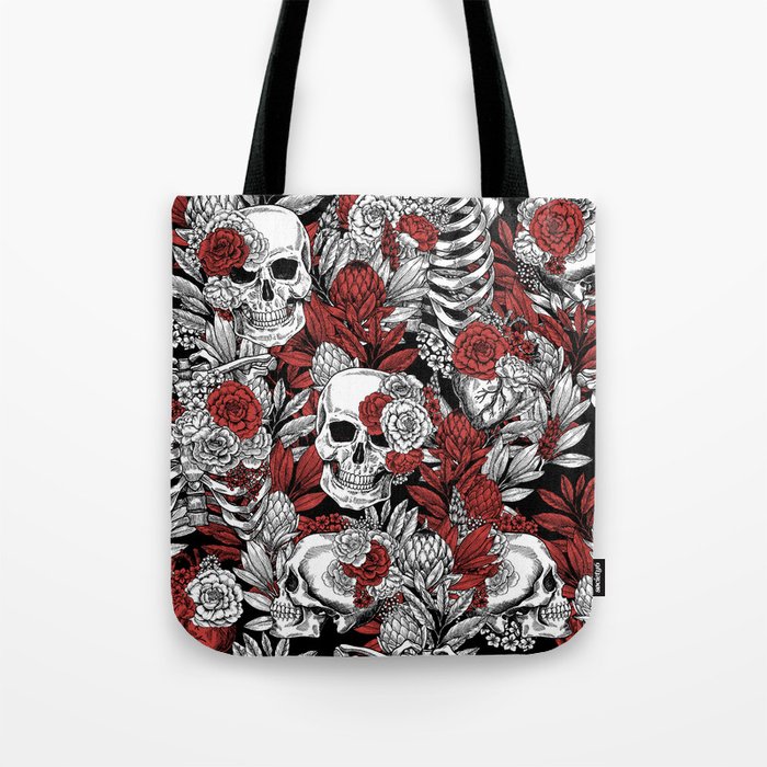 Skulls and Flowers Black White Red Gothic Floral Skulls Vintage Tote Bag