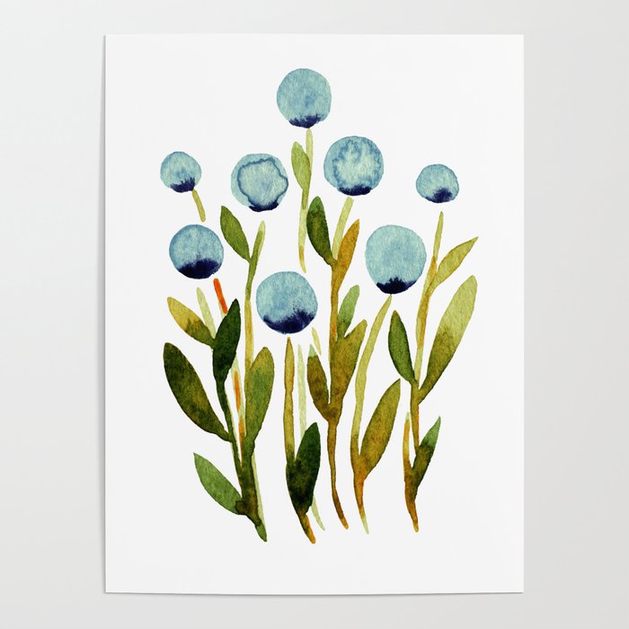 Simple watercolor flowers - teal and olive Poster