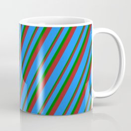 [ Thumbnail: Red, Blue, and Green Colored Stripes Pattern Coffee Mug ]