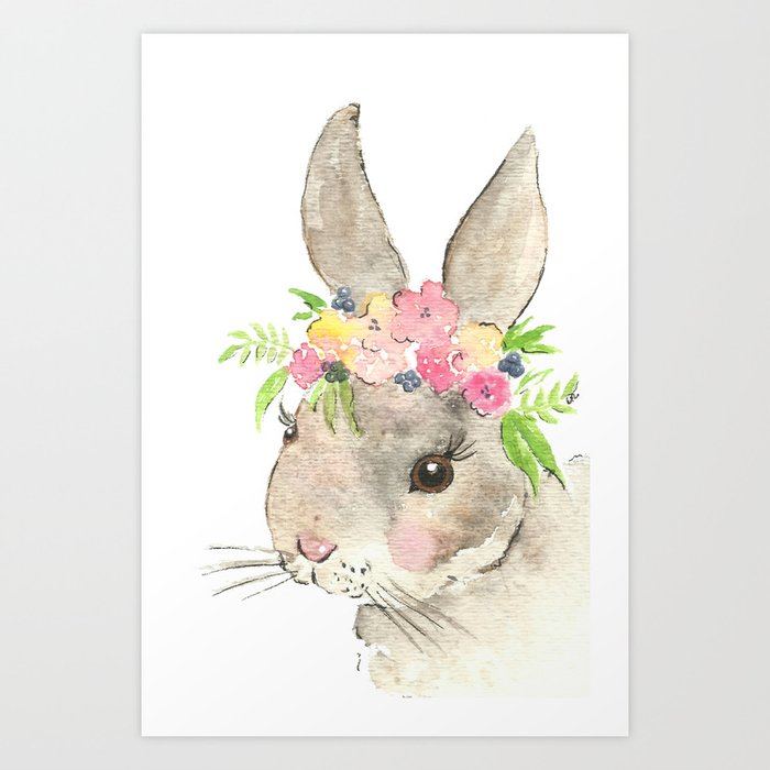 bunny with flower crown watercolor art print by imagodeinurserydecor