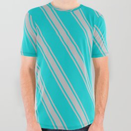 [ Thumbnail: Dark Turquoise and Grey Colored Stripes/Lines Pattern All Over Graphic Tee ]