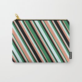 [ Thumbnail: Sea Green, Light Cyan, Dark Salmon, and Black Colored Striped/Lined Pattern Carry-All Pouch ]