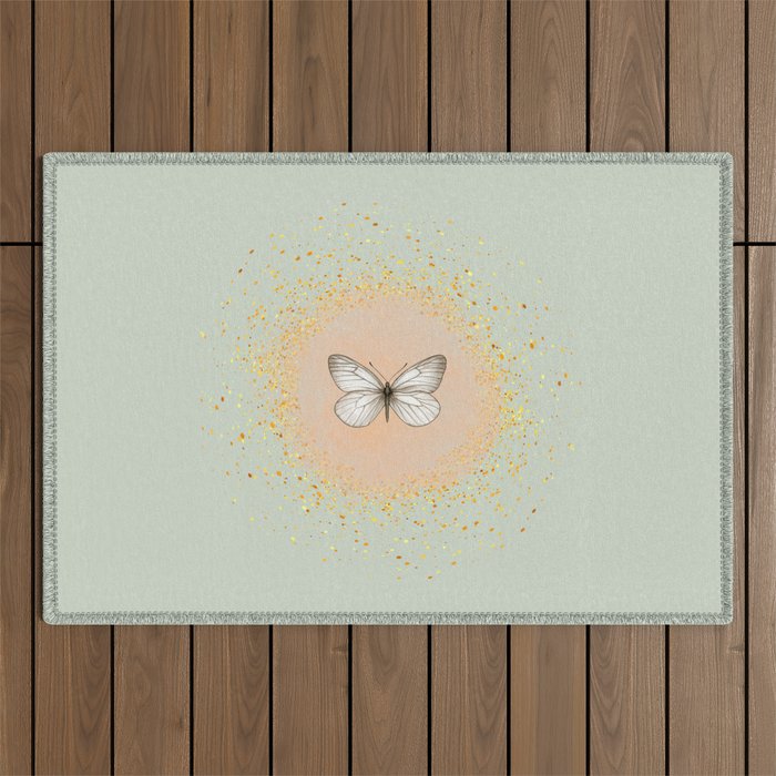 Hand-Drawn Butterfly and Gold Circle Frame on Apple Green Outdoor Rug