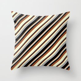 [ Thumbnail: Sienna, Light Yellow, Dark Grey, and Black Colored Stripes Pattern Throw Pillow ]