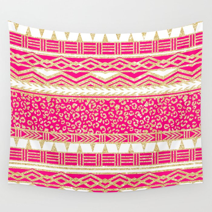 Modern neon pink faux gold glitter aztec leopard Wall Tapestry by