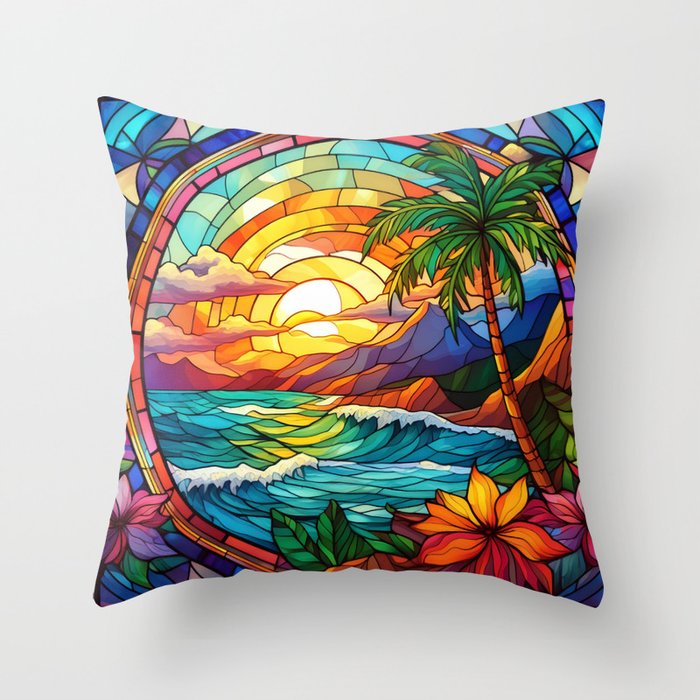Tropical sea cliffs stained glass art Throw Pillow