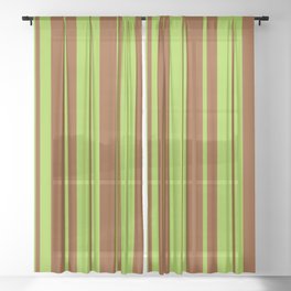 [ Thumbnail: Brown & Green Colored Striped/Lined Pattern Sheer Curtain ]