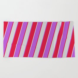 [ Thumbnail: Orchid, Crimson, and Light Grey Colored Stripes/Lines Pattern Beach Towel ]