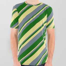 [ Thumbnail: Slate Gray, Dark Green & Tan Colored Lines/Stripes Pattern All Over Graphic Tee ]