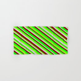 [ Thumbnail: Lime, Chartreuse, Light Grey & Dark Red Colored Stripes/Lines Pattern Hand & Bath Towel ]