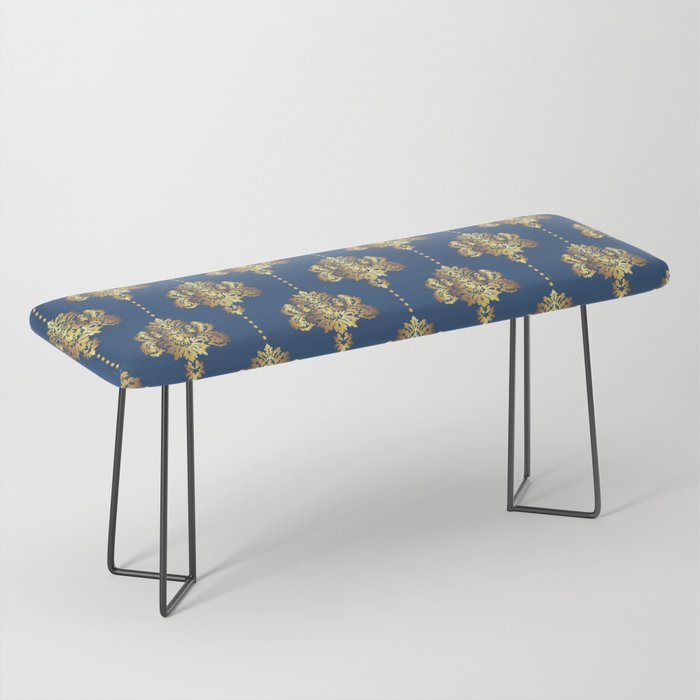 Gold damask flowers and pearls on blue background Bench