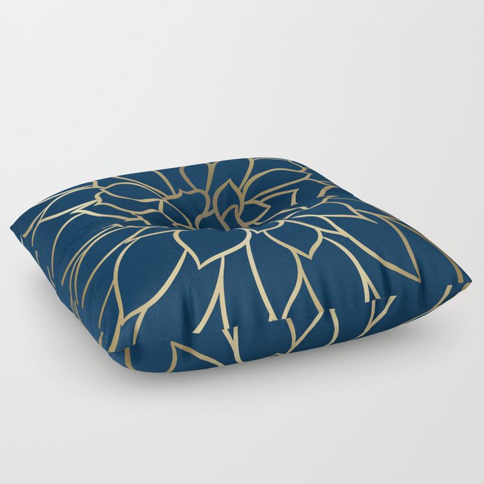 Floral Prints, Line Art, Navy Blue and Gold Floor Pillow