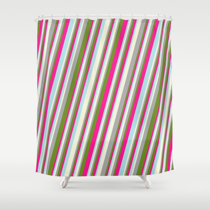 Beige, Dark Gray, Green, Deep Pink, and Powder Blue Colored Stripes Pattern Shower Curtain