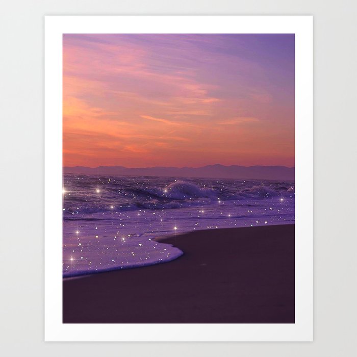 PURPLE WAVES | ocean | sea | collage | glow | gems | crystal | sunset | aesthetic | seaside | nature Art Print