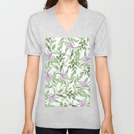 Watercolor lilac lavender forest green foliage flowers V Neck T Shirt