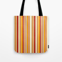 [ Thumbnail: Light Yellow, Red, Orange, and Tan Colored Striped/Lined Pattern Tote Bag ]