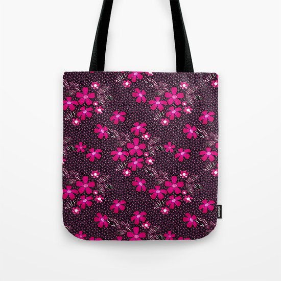 The floral pattern on the grid . Black and crimson pattern . Tote Bag