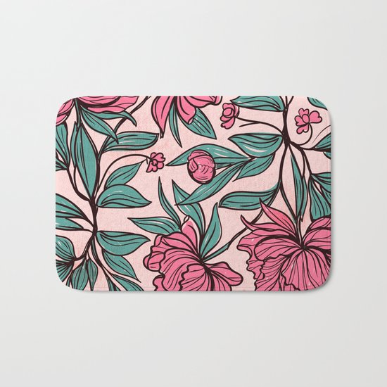Floral Obsession (pink peonies vintage flowers pattern) Bath Mat