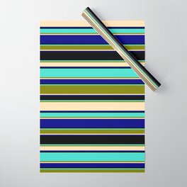 [ Thumbnail: Turquoise, Green, Beige, Blue & Black Colored Striped/Lined Pattern Wrapping Paper ]
