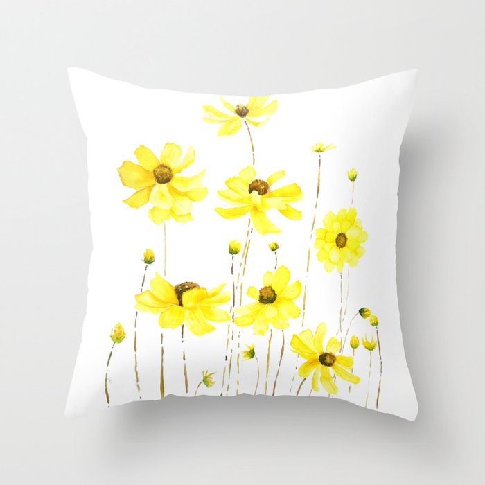 yellow cosmos flowers watercolor Throw Pillow