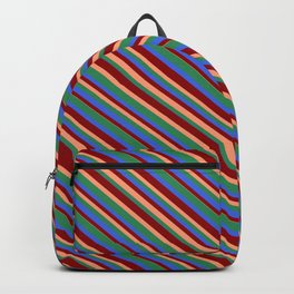 [ Thumbnail: Dark Red, Light Salmon, Sea Green & Royal Blue Colored Lined Pattern Backpack ]