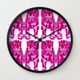 Chinese Guardian Lion Twins in Pink Peony Wall Clock