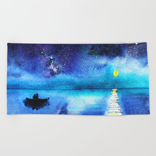 Under the moonlight || watercolor Beach Towel
