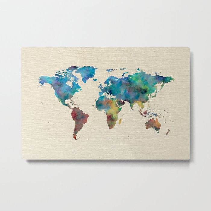 World Map Watercolor Linen Blue Red Yellow Green Metal Print