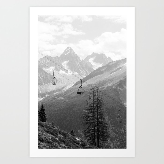 Chairlift at the Mont Blanc Massive - Black and White || Travel Art Print French Alps Art Print