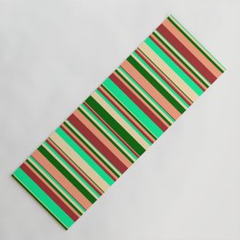 [ Thumbnail: Eye-catching Brown, Green, Beige, Dark Green & Light Salmon Colored Lined/Striped Pattern Yoga Mat ]