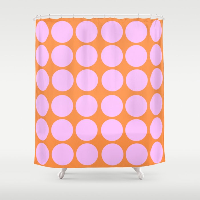Retro Modern Pastel Pink On Orange Polka Dots Geometric Circle Minimalist Pattern Shower Curtain