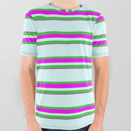 [ Thumbnail: Light Cyan, Lime Green & Fuchsia Colored Lines Pattern All Over Graphic Tee ]