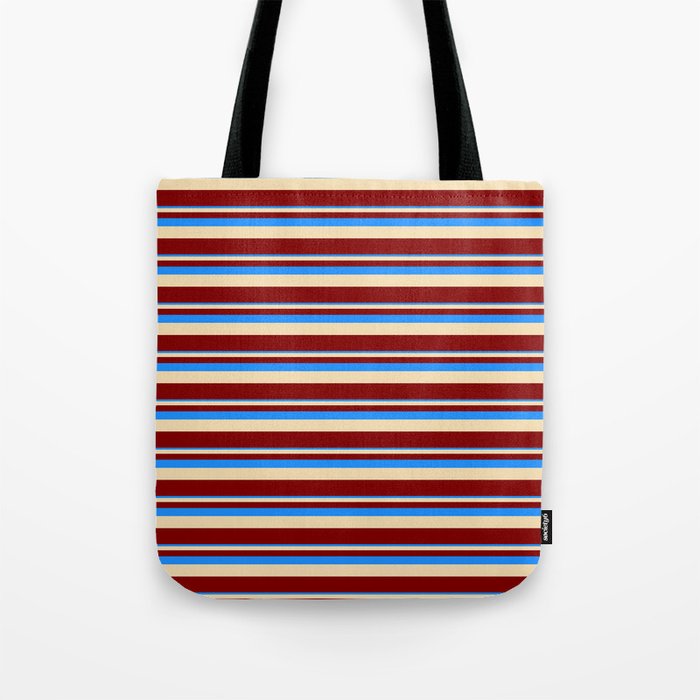 Blue, Tan, and Maroon Colored Lined Pattern Tote Bag