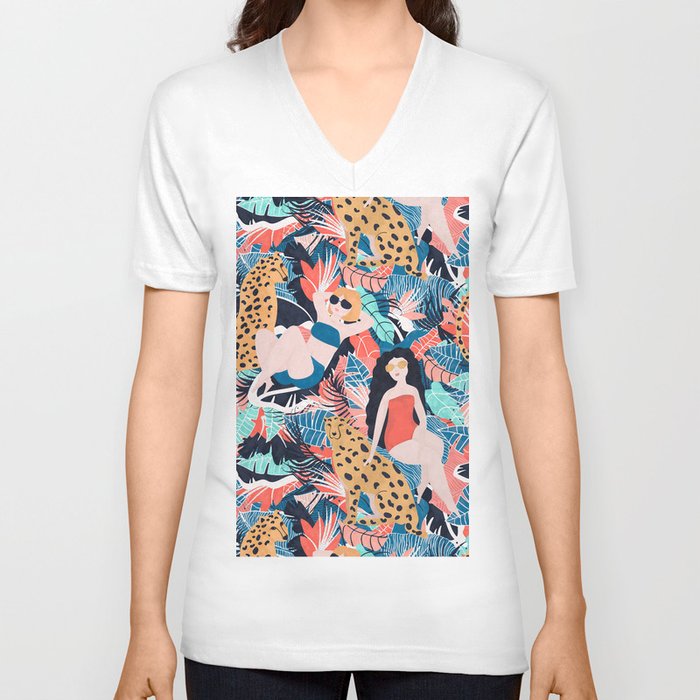 Tropical Girls with Cheetah V Neck T Shirt