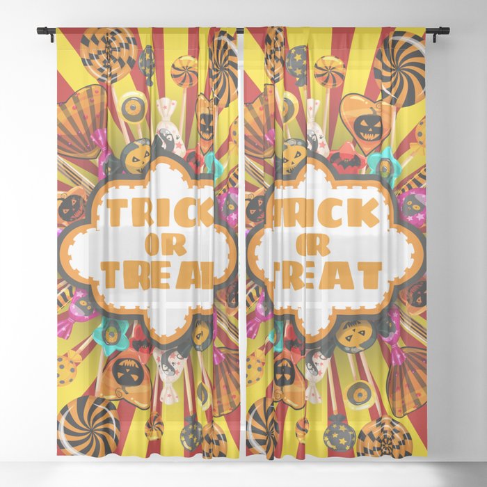 Halloween Trick or Treat Candy and sweets. Autumn october holiday tradition celebration poster. Vintage illustration isolated Sheer Curtain