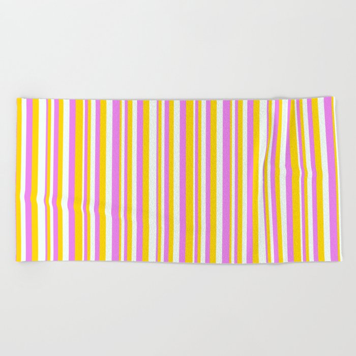 Violet, Yellow, and Mint Cream Colored Lines Pattern Beach Towel