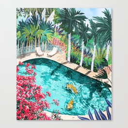 Luxury Tiger Villa illustration, Architecture Travel Nature Painting, Hotel Landscape Garden Canvas Print