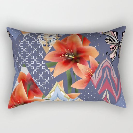 A series of "Favorite patchwork". Lilies with blue fabrics. Rectangular Pillow
